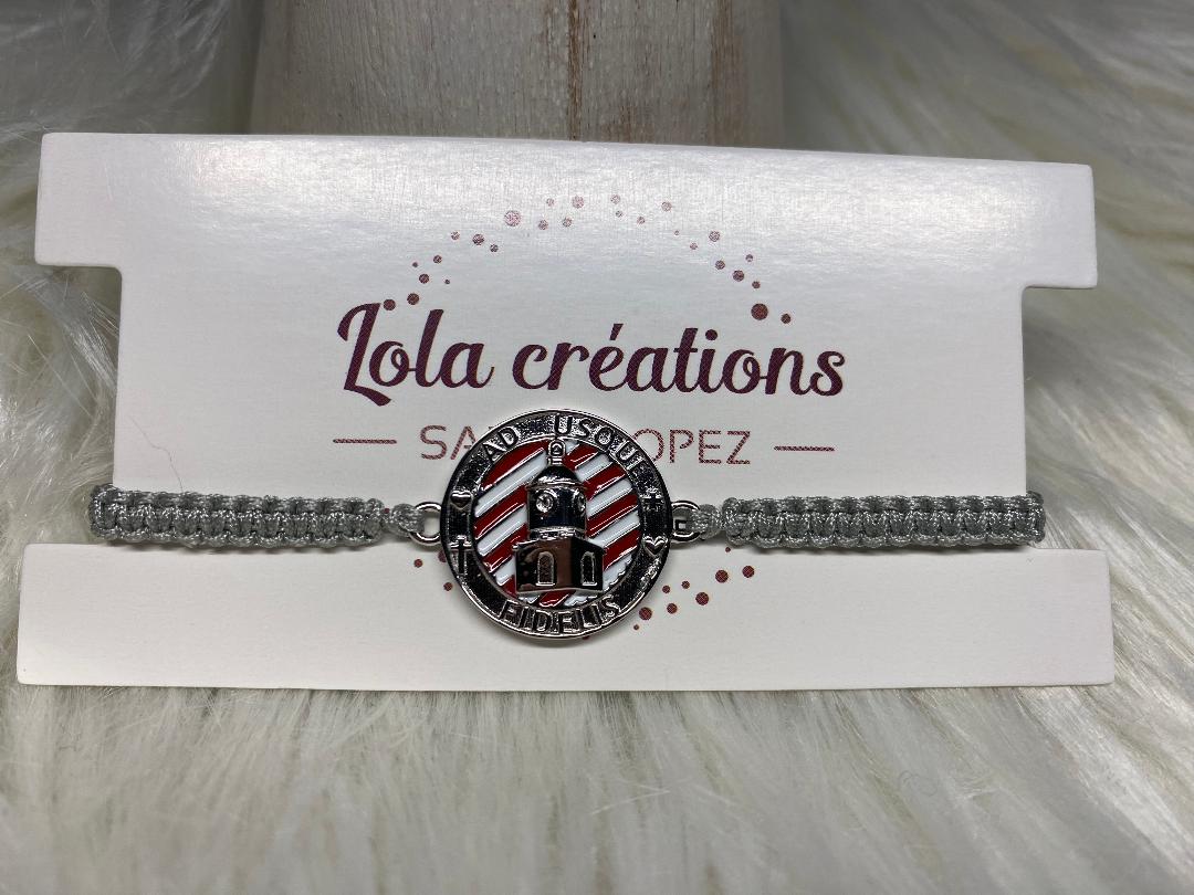 Bracelet macramé gris avec Clocher 15mm argent fond rouge et blanc
