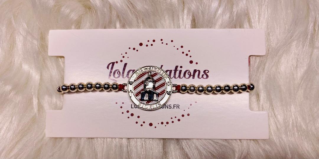 Bracelet perles argent 3mm avec Clocher 15mm argent fond rouge et blanc