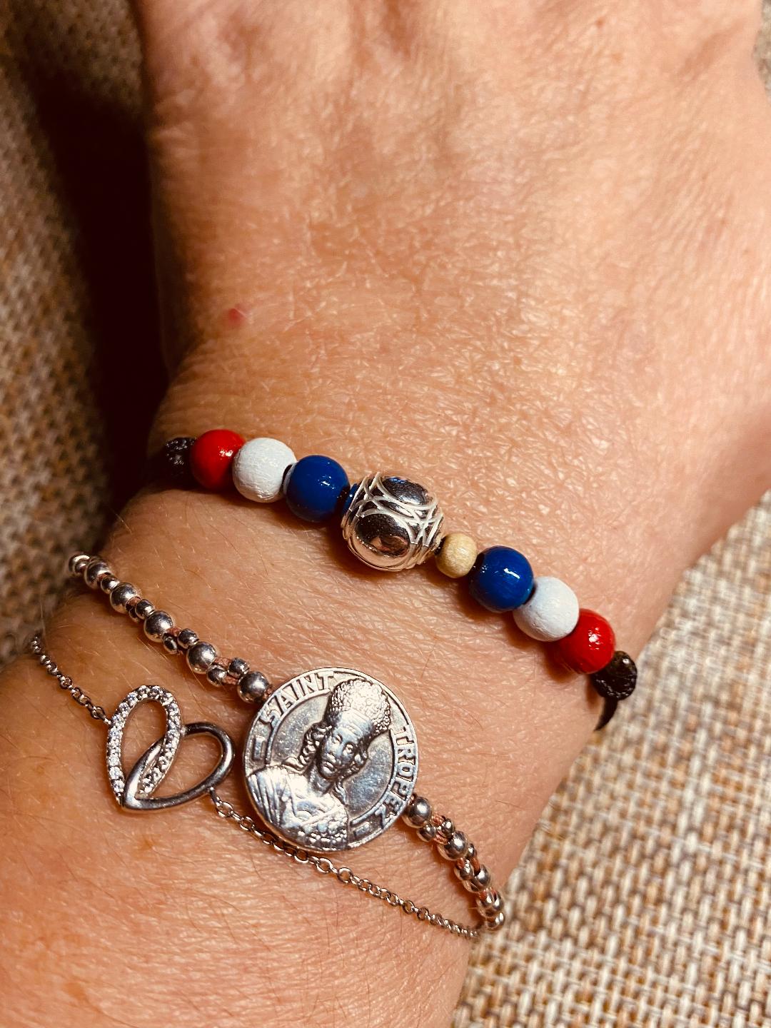 Bracelet pétanque cordon noir double drapeau français